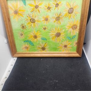 Hand Crafted Field Of Sunflowers Colored Pencil Drawing Framed 9x11"